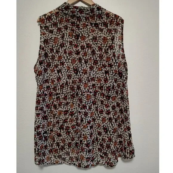 Lane Bryant Black Brown Red Abstract Sleeveless Sheer Button Front Top Size 24 - Picture 2 of 9